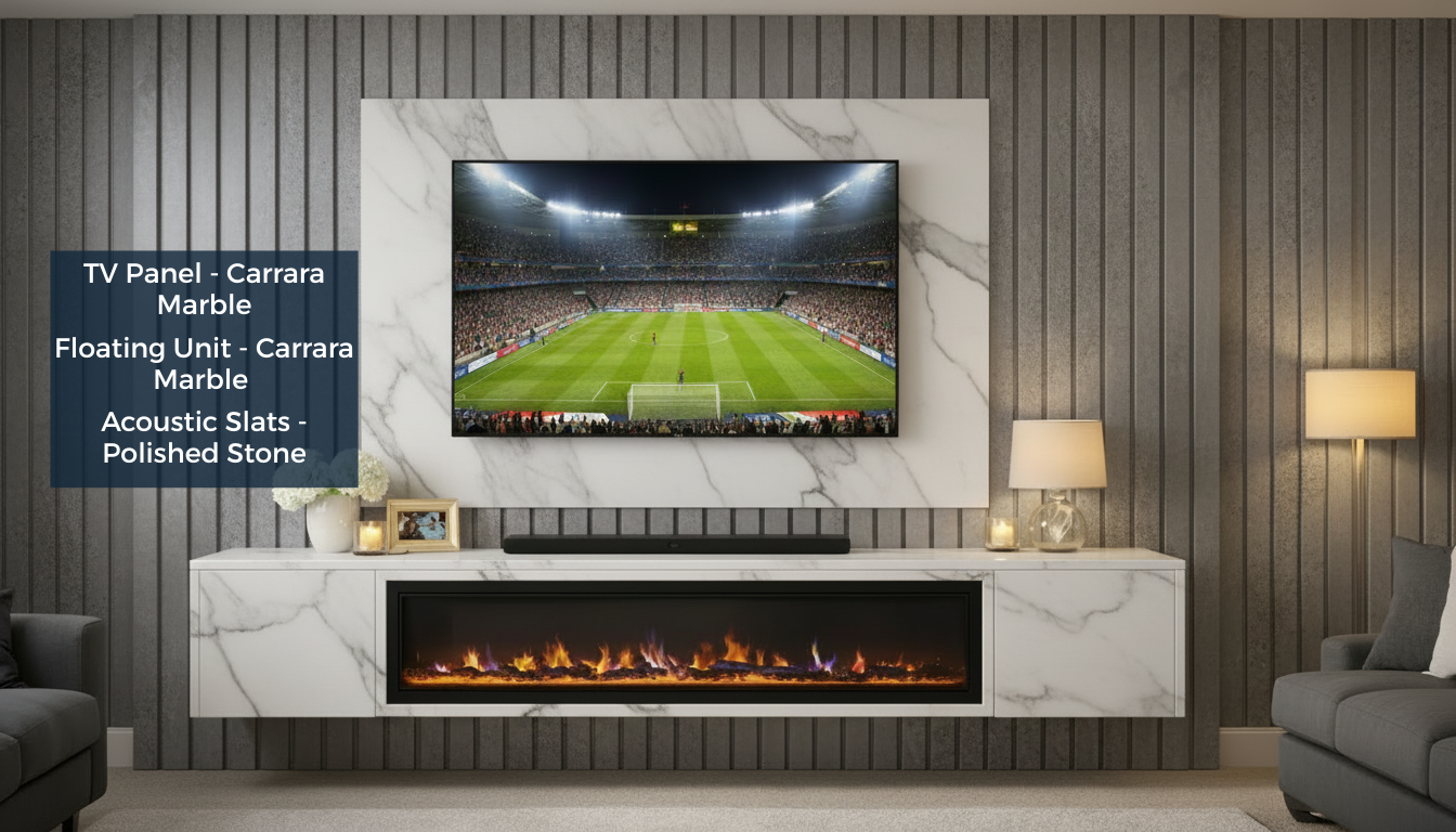 Modern Living Room with Carrara Marble floating unit, Carrara Marble TV panel and Polished Stone acoustic slat panels
