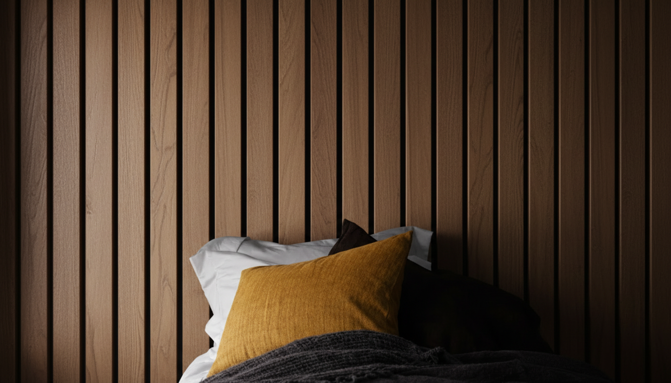 American walnut slat panels in a bedroom setting