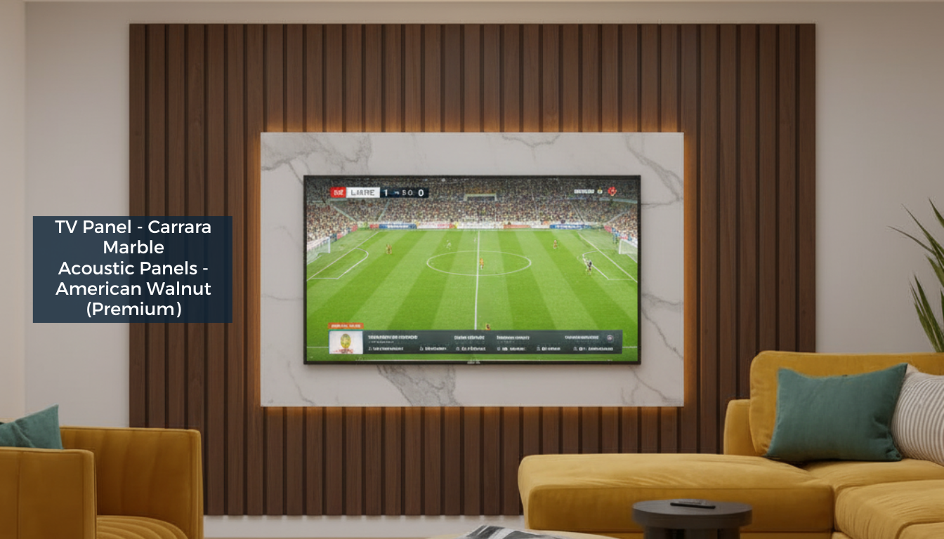 Large TV, marble tv panel, acoustic slat panels