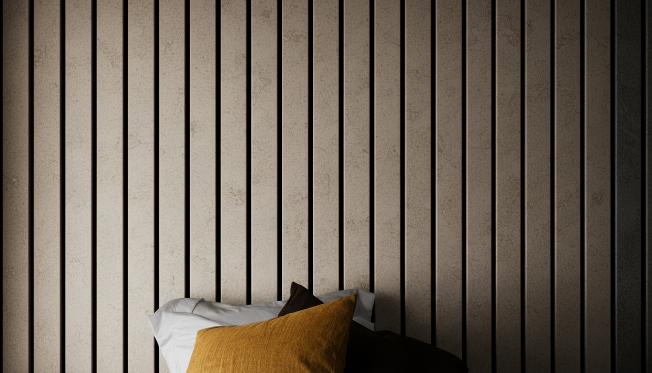Sandstone acoustic slat panels in a bedroom setting