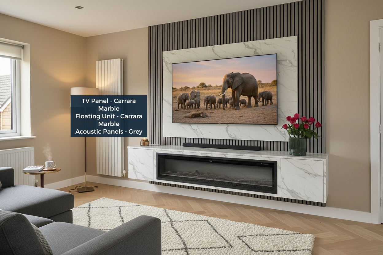 Living room with a TV mounted on a marble wall, displaying an elephant scene.