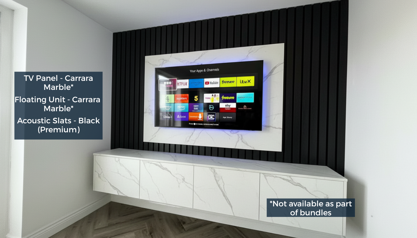 Media wall bundle with marble floating unit and black acoustic slat panels