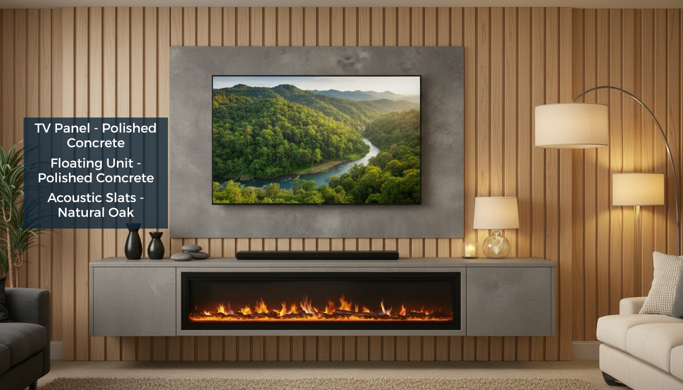 Modern living room with a television displaying a nature scene, surrounded by decorative elements.