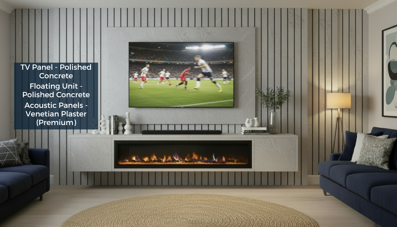 Modern living room with a television displaying a sports game, surrounded by decorative elements.