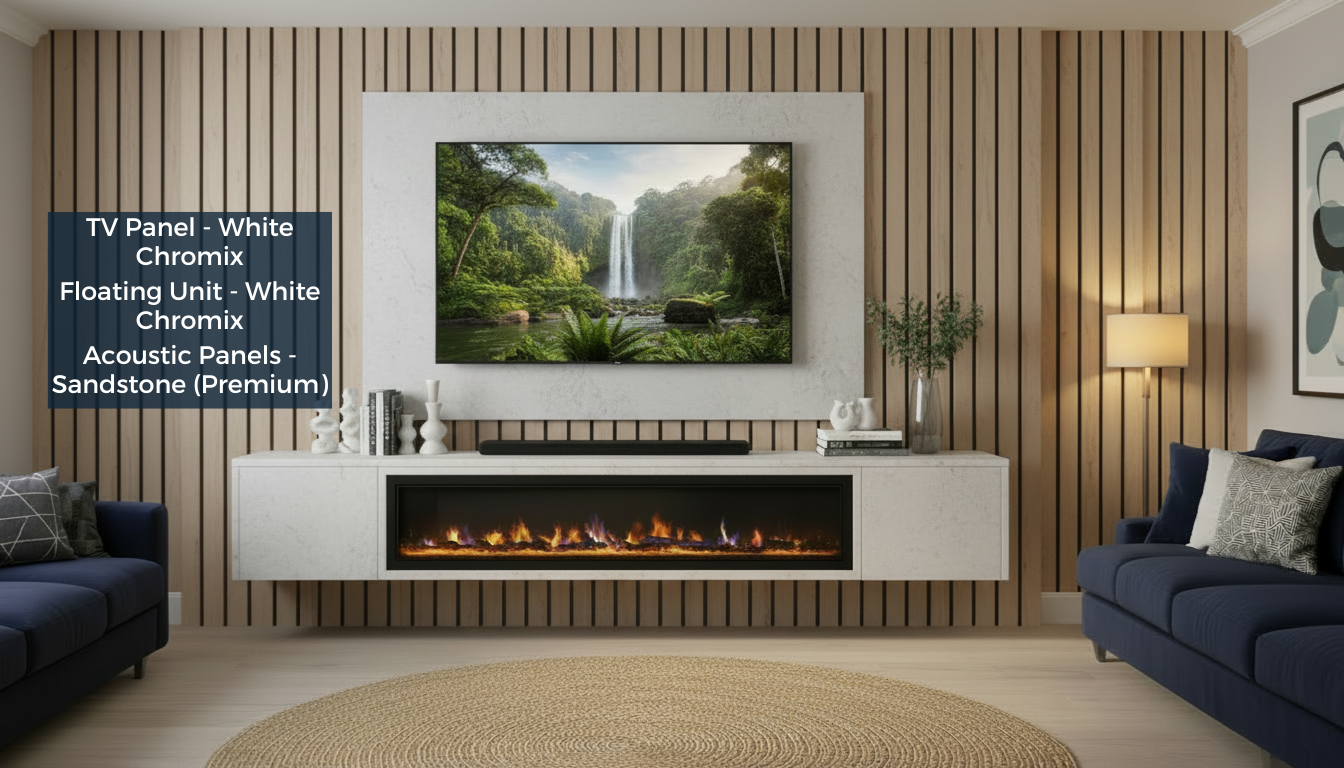 white chromix TV panel and floating unit with sandstone acoustic slat panels