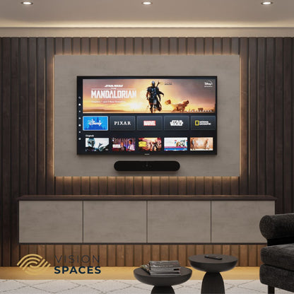 Acoustic Slat Media Wall with Floating Unit