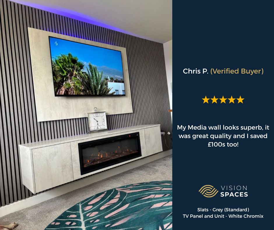 Acoustic Slat Media Wall with 40/60 inch Electric Fire