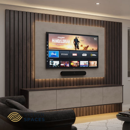 Acoustic Slat Media Wall with Floating Unit