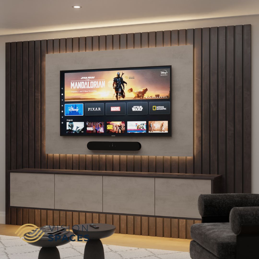 Acoustic Slat Media Wall with Floating Unit