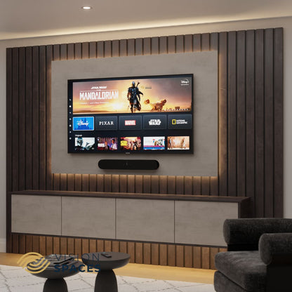 Acoustic Slat Media Wall with Floating Unit