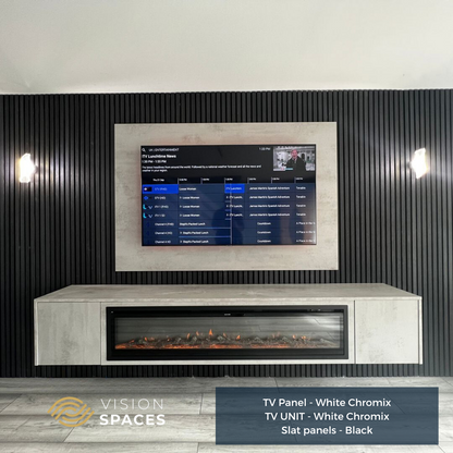 Acoustic Slat Media Wall with 40/60 inch Electric Fire