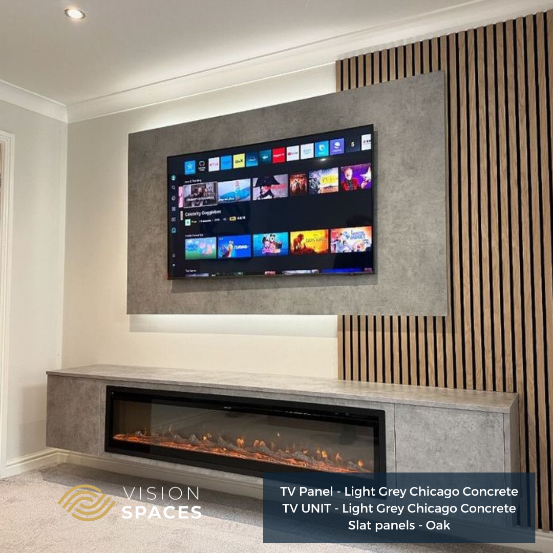 Acoustic Slat Media Wall with 40/60 inch Electric Fire