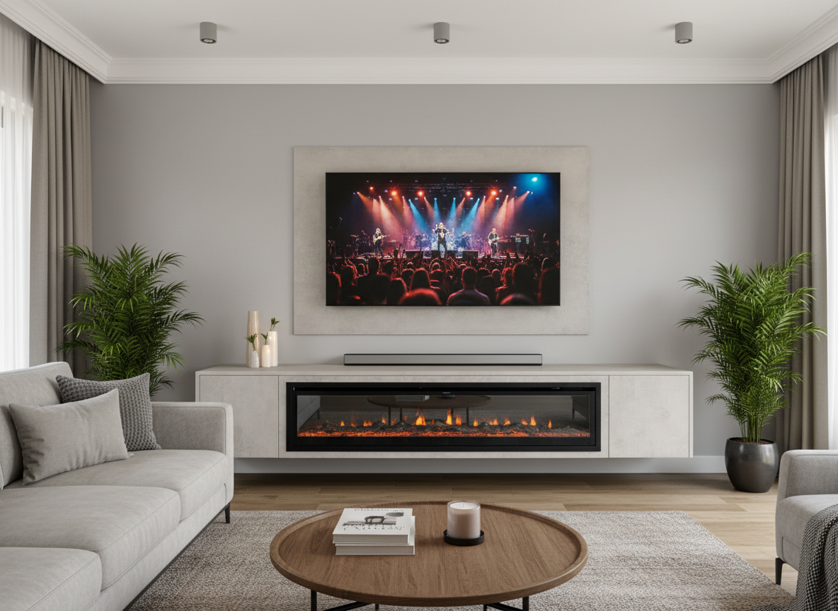 Modern living room with a television displaying a concert, a fireplace, and decorative elements.