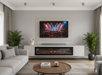Modern living room with a television displaying a concert, a fireplace, and decorative elements.