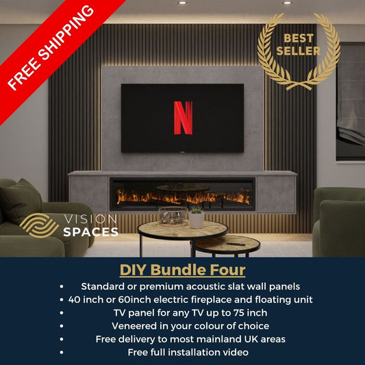 Acoustic Slat Media Wall with 40/60 inch Electric Fire