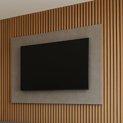 Modern wall-mounted TV in a room with wooden paneling