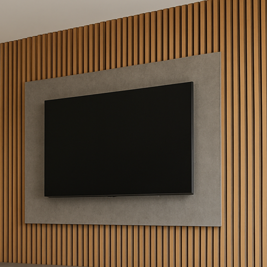 Modern wall-mounted TV in a room with wooden paneling