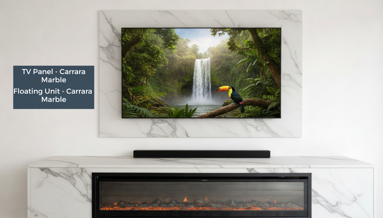 Carrara marble floating unit with matching TV panel