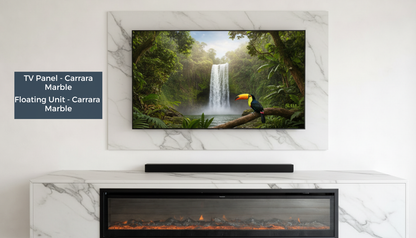 Carrara marble floating unit with matching TV panel