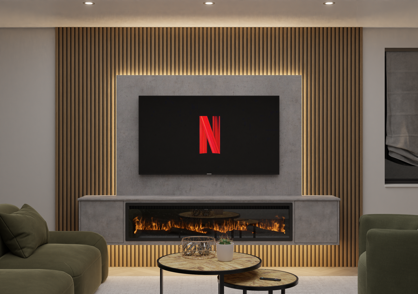 Acoustic Slat Media Wall with Electric Fire supply only Vision