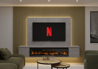 Acoustic Slat Media Wall with 40/60 inch Electric Fire