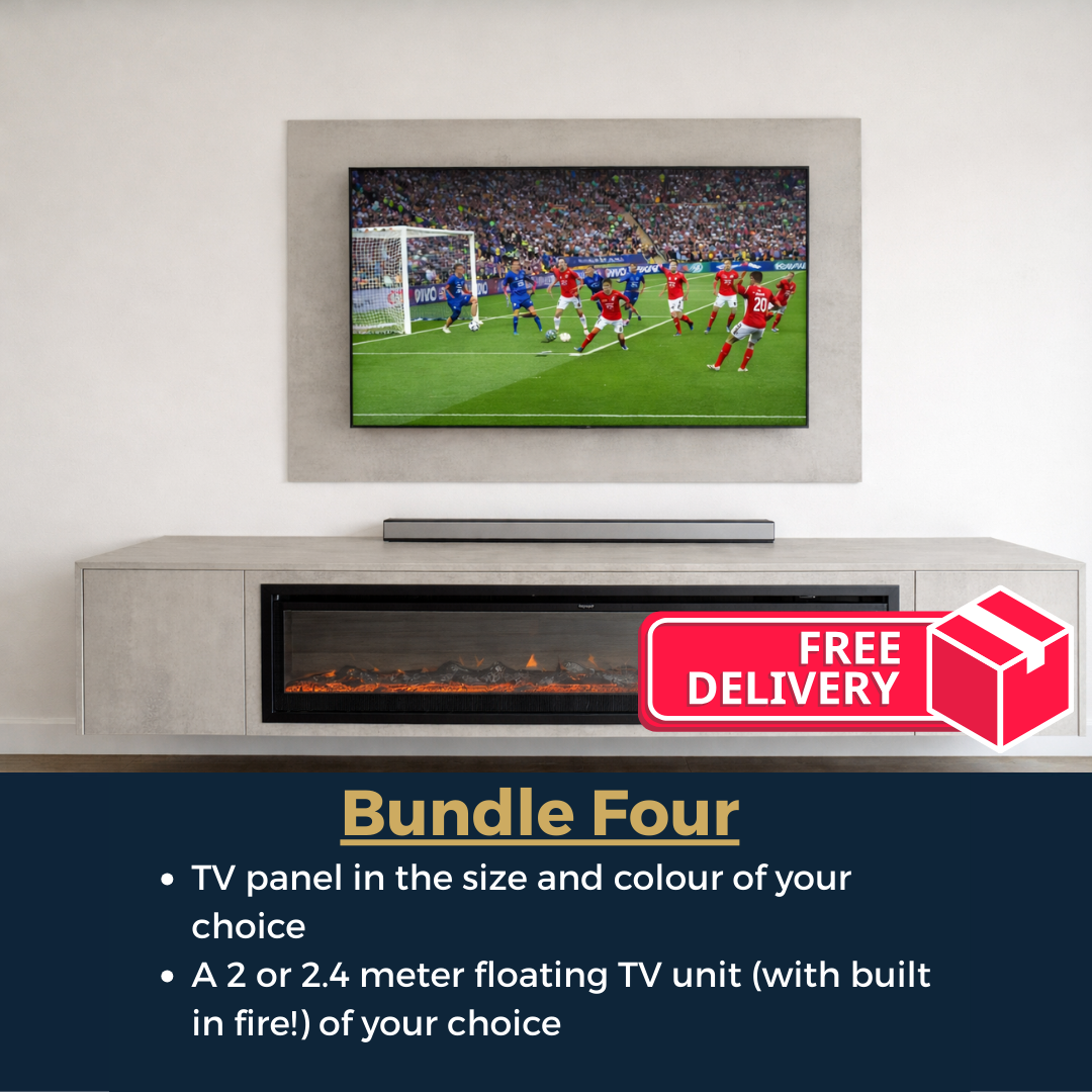 TV panel displaying a soccer game with a floating TV unit below, featuring free delivery text.