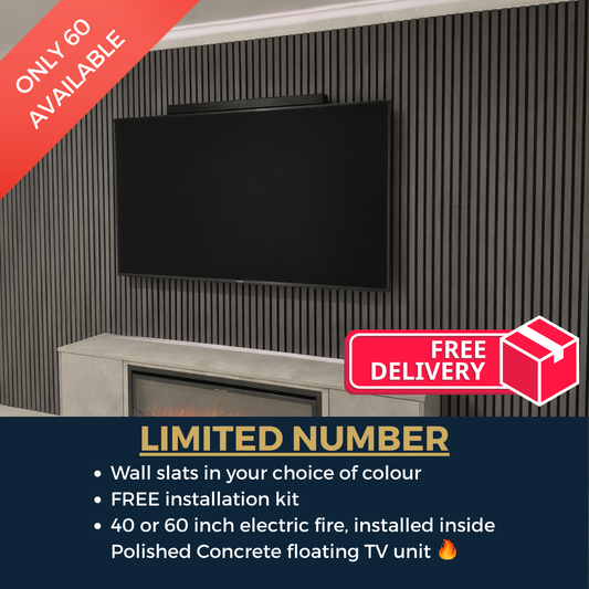 Wall-mounted TV with decorative slats and promotional text about limited availability and free delivery.