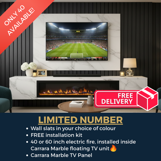 Modern living room setup with a TV mounted on a wall, electric fire, and marble TV stand.