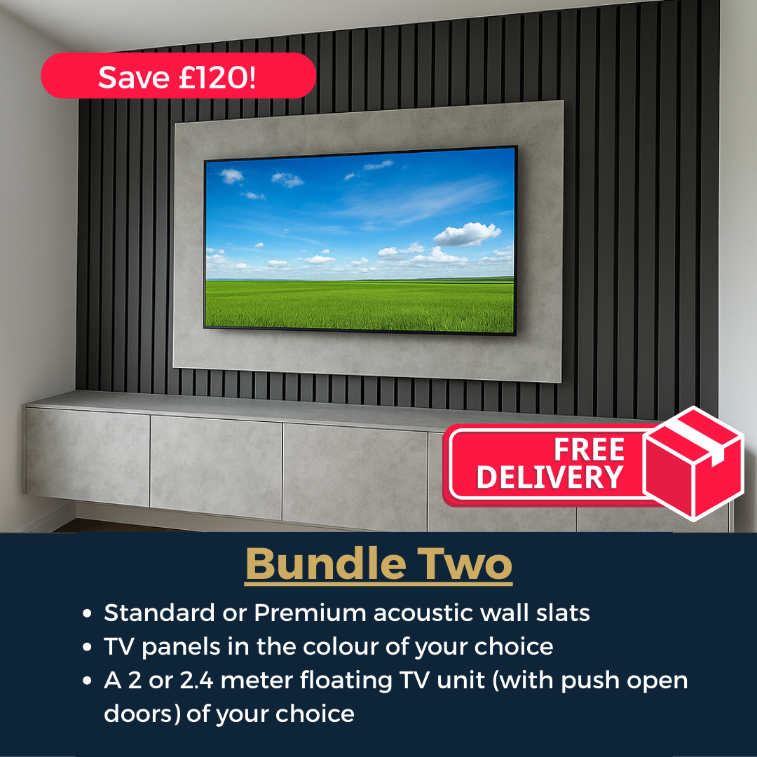 TV mounted on a wall with acoustic wall slats and floating unit. 
