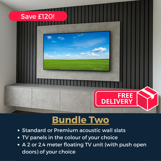 TV mounted on a wall with acoustic wall slats and floating unit. 