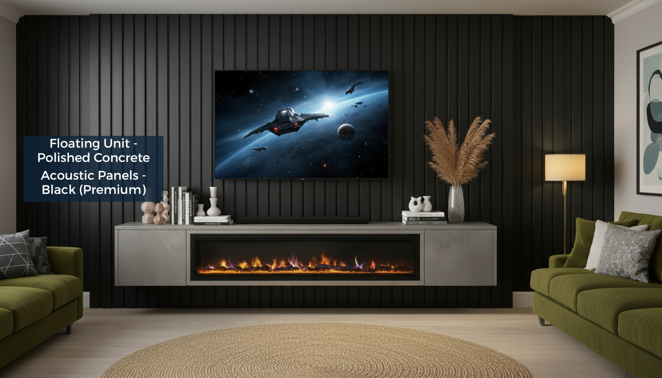 Modern living room with a television mounted on a dark wall, featuring acoustic panels.