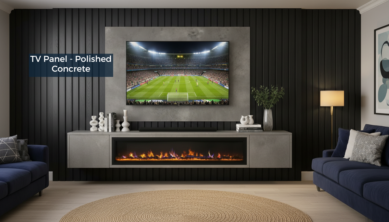 Living room with a TV panel labeled 'Polished Concrete' displaying a sports event.