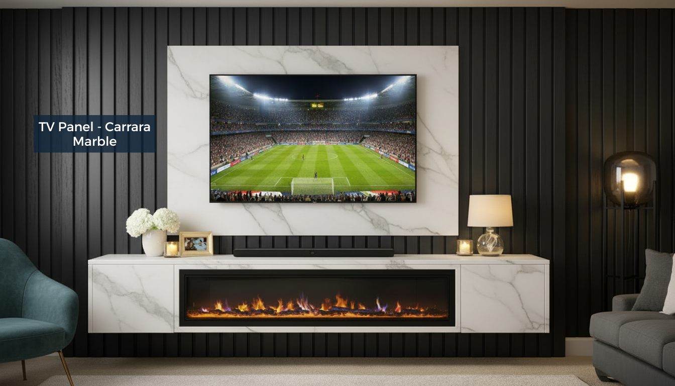 Modern living room with a TV displaying a sports event, Carrara marble panel, and electric fireplace.