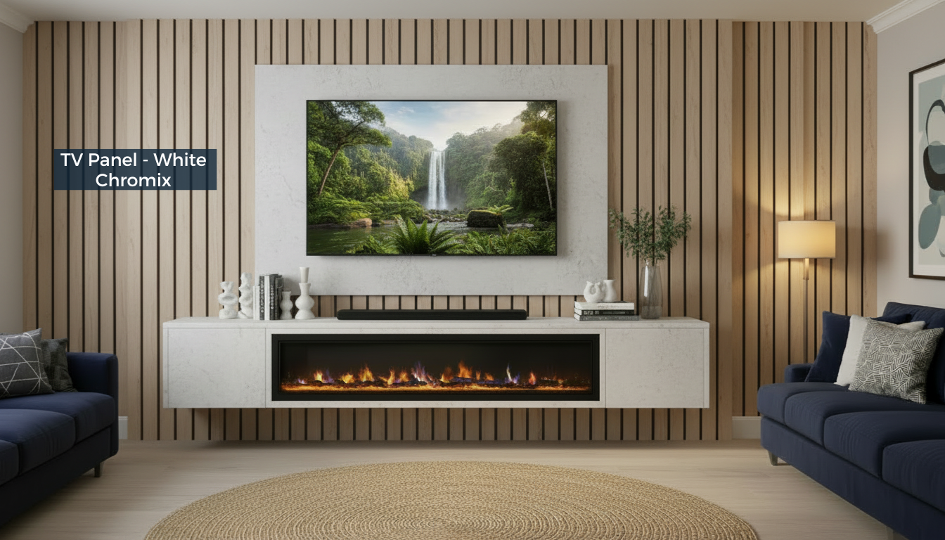 Modern living room with a TV panel displaying a nature scene, white entertainment console, and dark blue sofas.