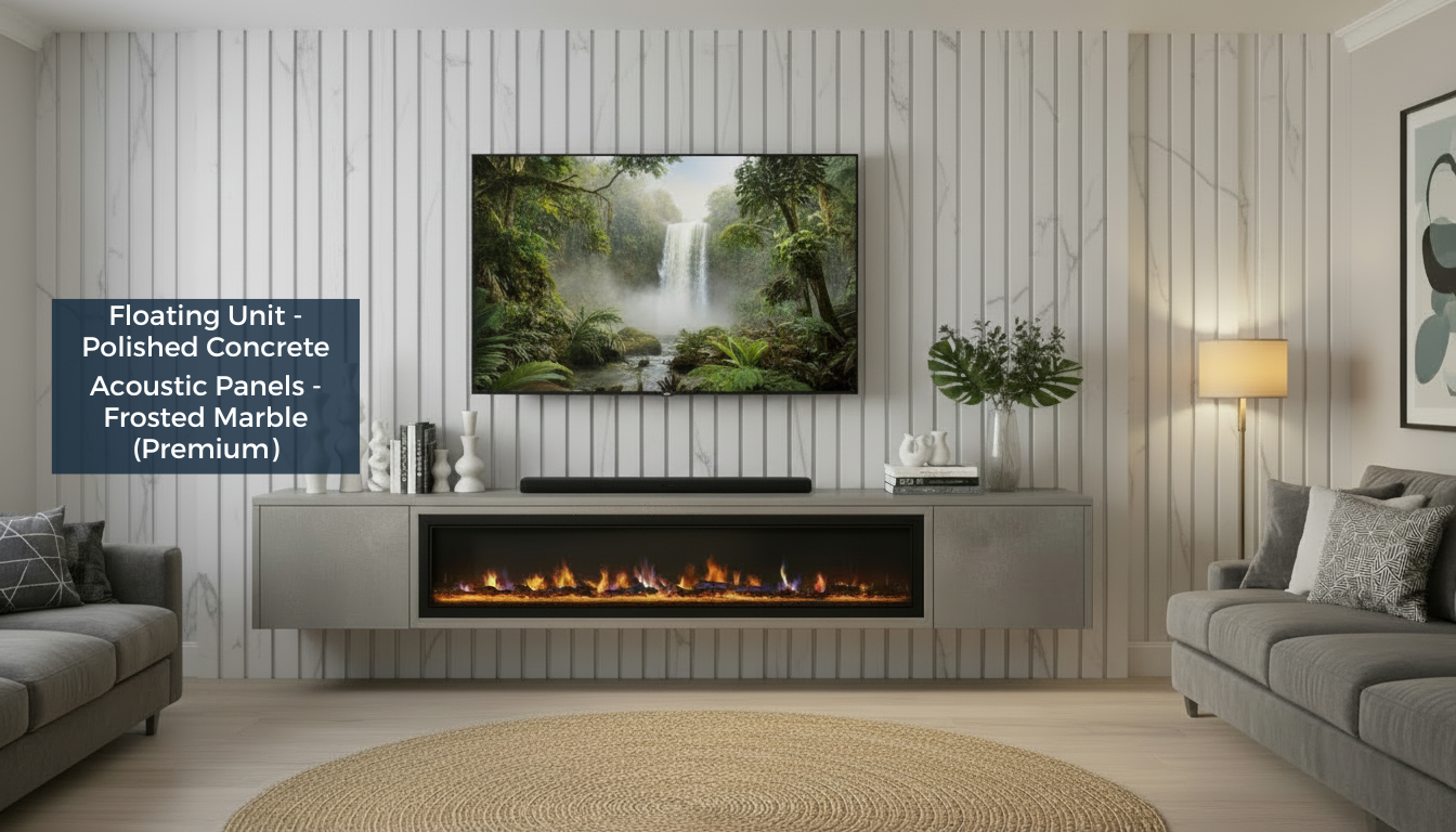 Modern living room with a television displaying a nature scene, gray sofa, and decorative elements.